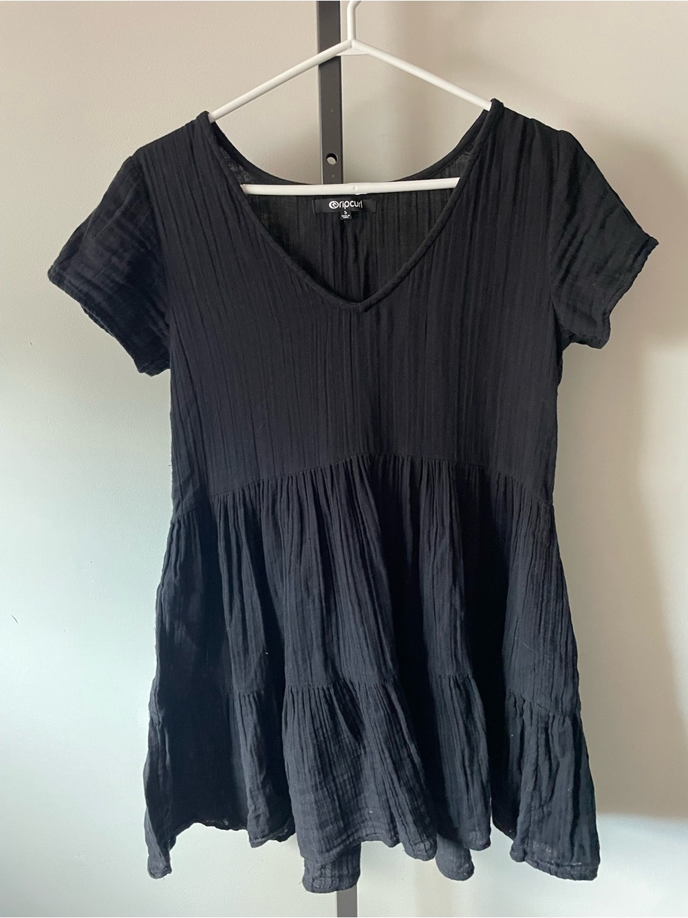 Rip Curl Gauze 100% Cotton Babydoll Mini Dress Ruffled Black Small
